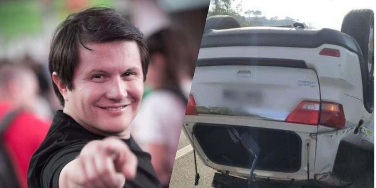 Giovani, da dupla com Gian, e seu carro após acidente (Montagem: TV Foco)