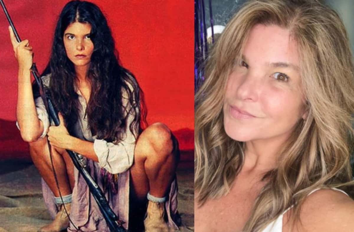 Fotografia recente de Cristiana Oliveira com foto da época de 'Pantanal' (1990) (Foto: Reprodução / Bloch / Montagem TV Foco)