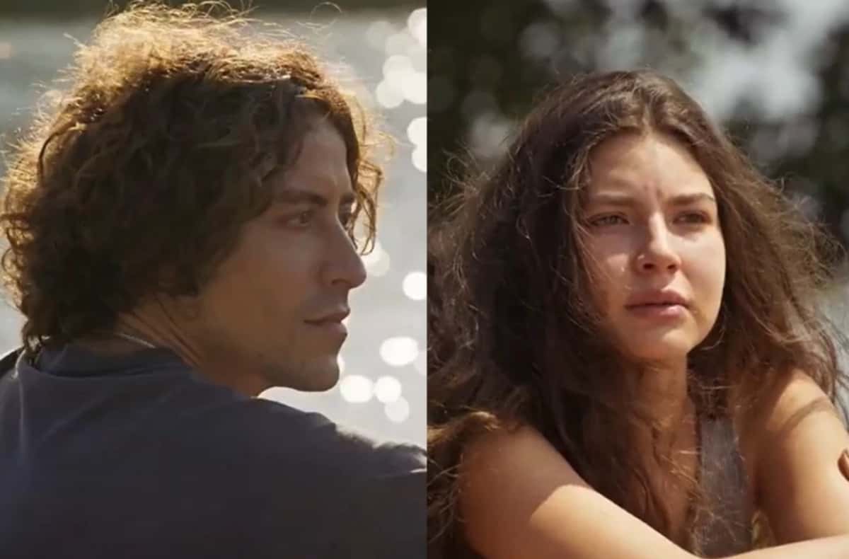 Jove (Jesuíta Barbosa) leva toco de Juma (Alanis Guillen) em "Pantanal" (Foto: Reprodução / Globo)