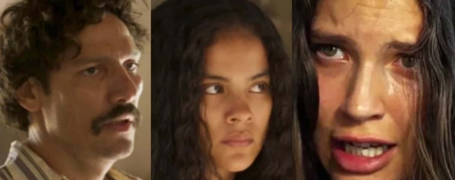 Pantanal - Tibério (Guito) e Muda (Bella Campos) flagram Juma (Alanis Guillen) arrastando corpo e ficam em choque: "A onça não quis comer" (Foto: Reprodução / Globo)