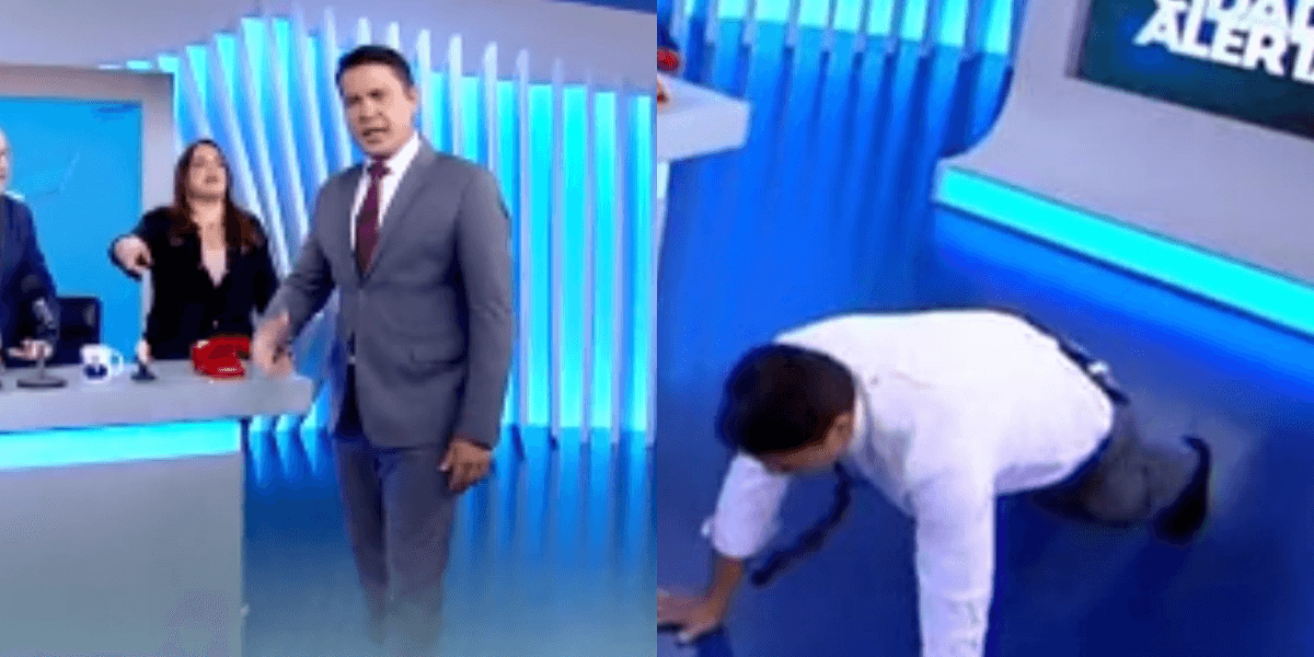 Âncora do 'Balanço Geral', da Record TV vai ao chão no estúdio (Foto: Divulgação)