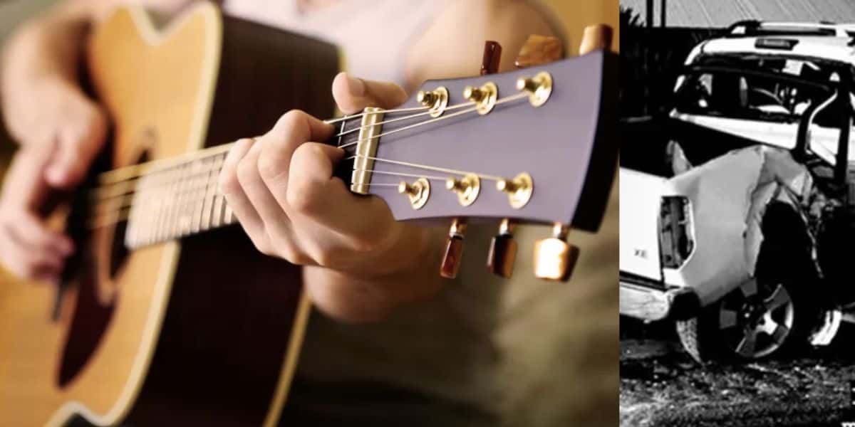 Pessoa tocando violão e carro destruído (Fotos: Reproduções / Instagram / Internet)