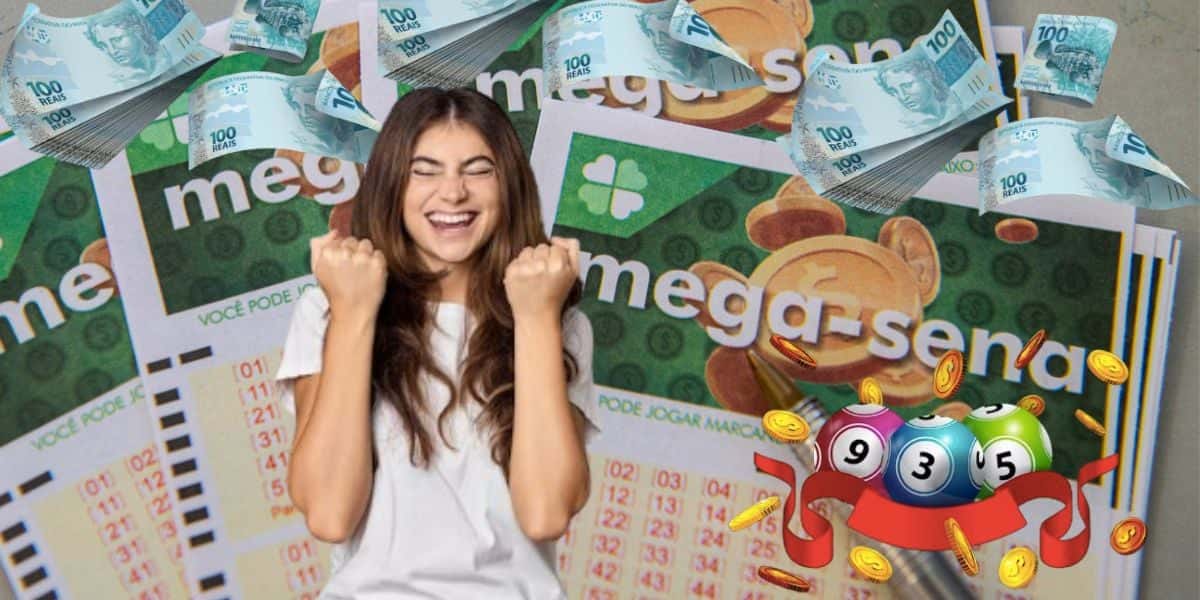 Mega-Sena, notas de cem reais, mulher comemorando, moedas e bolas (Fotos: Reproduções / Internet / Freepik)