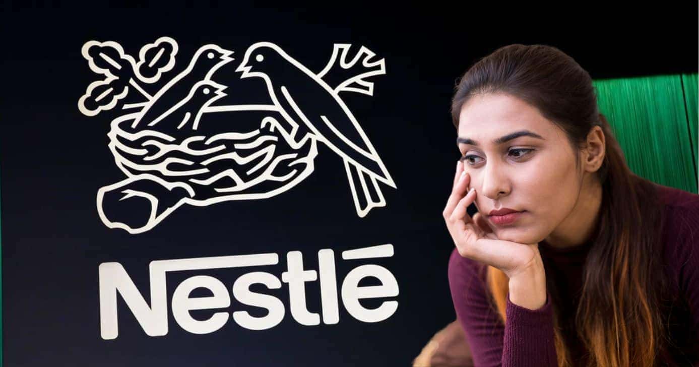 Nestlé e mulher triste (Fotos: Reproduções / Gianluca Colla / Bloomberg News / Canva)