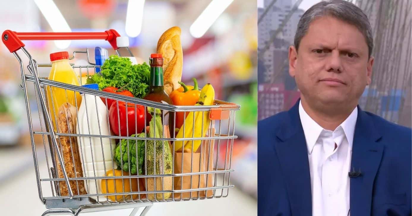 Ilustração supermercados e Tarcísio de Freitas (Fotos: Reproduções / Canva/ Globo)