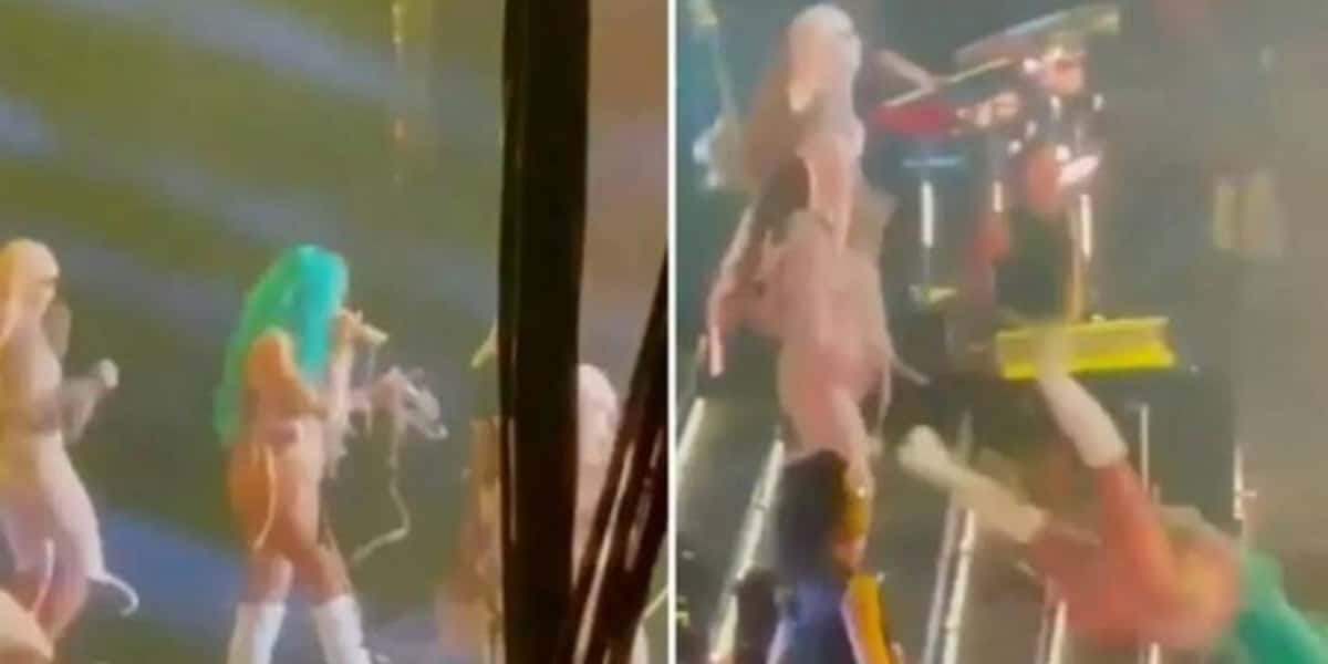 Karol G caiu em palco durante show (Imagem: Montagem)