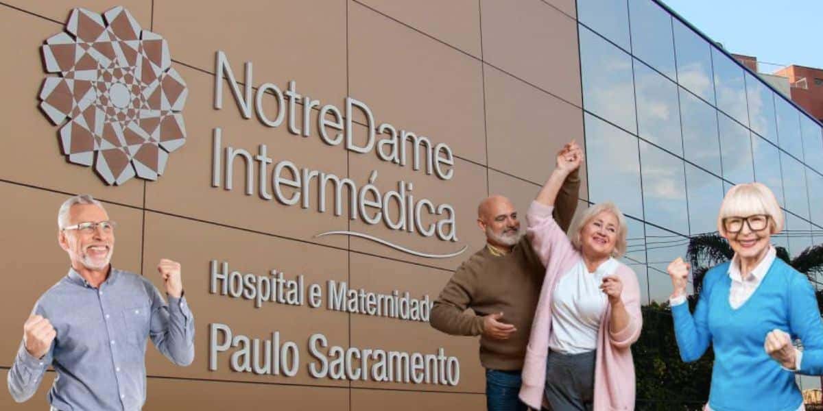 Notredame Intermédica e idosos felizes (Fotos: Reproduções / Site oficial / Freepik)