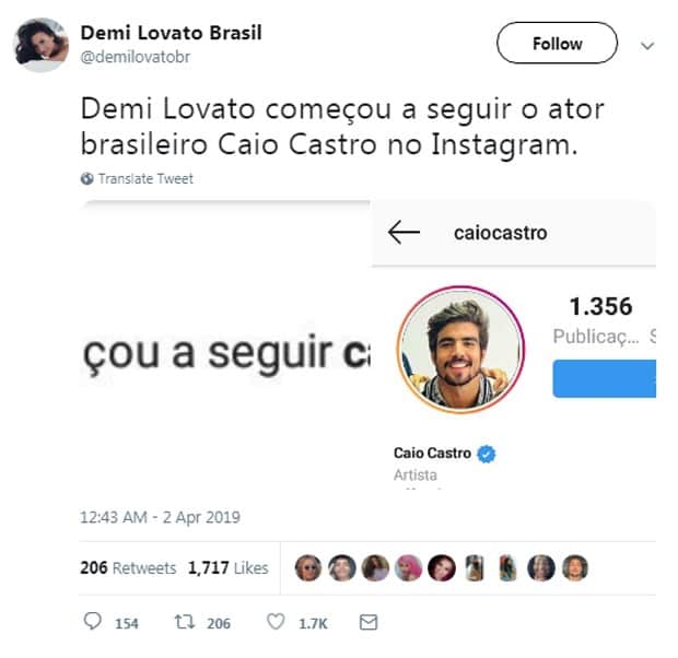 Demi lovato segue Caio Castro (Foto: Reprodução)