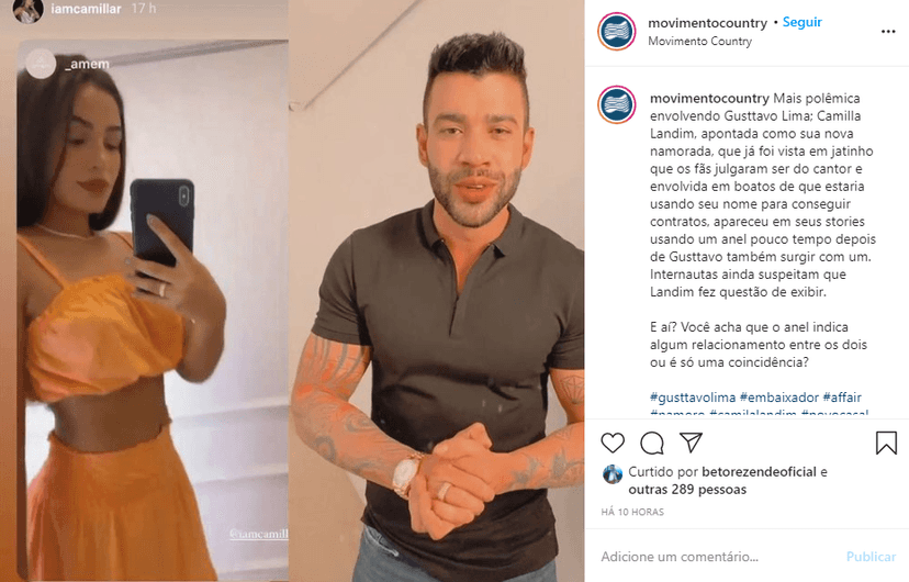 Detalhe no dedo de Gusttavo Lima e modelo Camilla Landim chamou atenção (Foto: Reprodução/ Instagram) Detalhe no dedo de Gusttavo Lima e modelo Camilla Landim chamou atenção (Foto: Reprodução/ Instagram)
