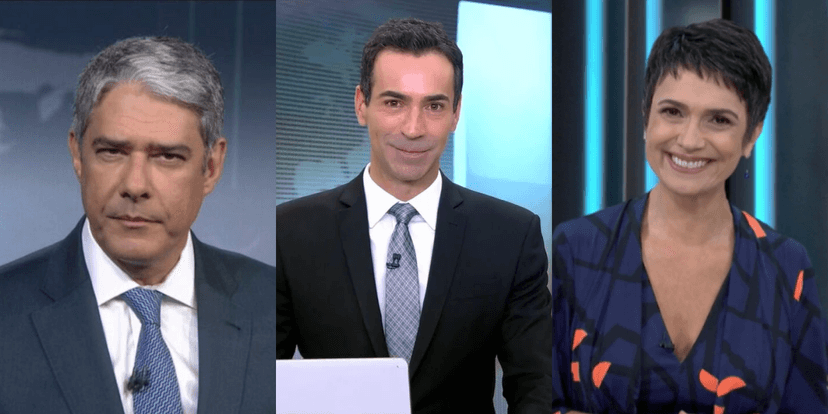 William Bonner no JN, César Tralli no JH e Sandra Annenberg no Globo Repórter (Foto: Montagem/TVFoco) William Bonner no JN, César Tralli no JH e Sandra Annenberg no Globo Repórter (Foto: Montagem/TVFoco)