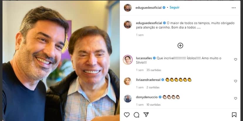 "Carinho", Edu Guedes tem encontro com famoso apresentador e expõe relação: "O maior de todos os tempos" "Carinho", Edu Guedes tem encontro com famoso apresentador e expõe relação: "O maior de todos os tempos"