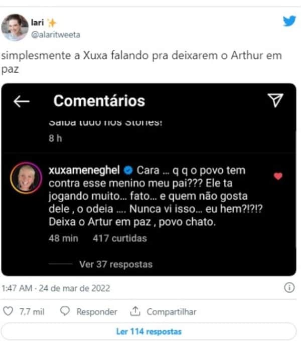 BBB22: Xuxa sai em defesa de Arthur Aguiar (Foto: Reprodução/Twitter) BBB22: Xuxa sai em defesa de Arthur Aguiar (Foto: Reprodução/Twitter)