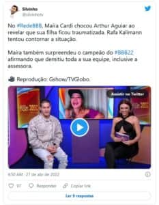 BBB22: Maíra Cardi escondeu segredo para Arthur Aguiar não ser eliminado (Foto: Reprodução / Twitter) BBB22: Maíra Cardi escondeu segredo para Arthur Aguiar não ser eliminado (Foto: Reprodução / Twitter)