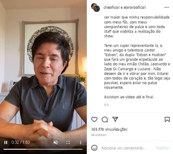 Xororó surgiu triste, após diagnóstico de doença (Foto: Reprodução) Xororó surgiu triste, após diagnóstico de doença (Foto: Reprodução)
