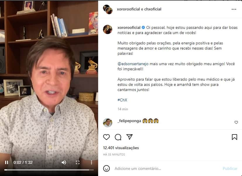 Xororó expõe volta aos palcos - Foto: Reprodução