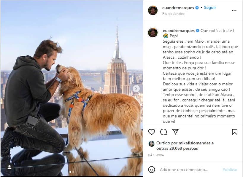 André Marques lamenta morte de Jesse Koz e seu cachorro, Shurastey - Foto: Reprodução André Marques lamenta morte de Jesse Koz e seu cachorro, Shurastey - Foto: Reprodução