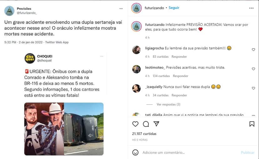 Sensitivo previu grave acidente com a dupla Conrado e Aleksandro - Foto: Reprodução Sensitivo previu grave acidente com a dupla Conrado e Aleksandro - Foto: Reprodução