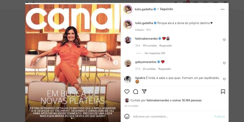 Túlio Gadêlha expõe despedida de Fátima Bernardes em comunicado e motivo: "Ela é dona do próprio destino" Túlio Gadêlha expõe despedida de Fátima Bernardes em comunicado e motivo: "Ela é dona do próprio destino"