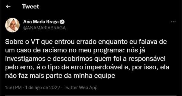 Ana Maria Braga publica pedido de desculpas nas redes sociais - Foto: Reprodução Ana Maria Braga publica pedido de desculpas nas redes sociais - Foto: Reprodução