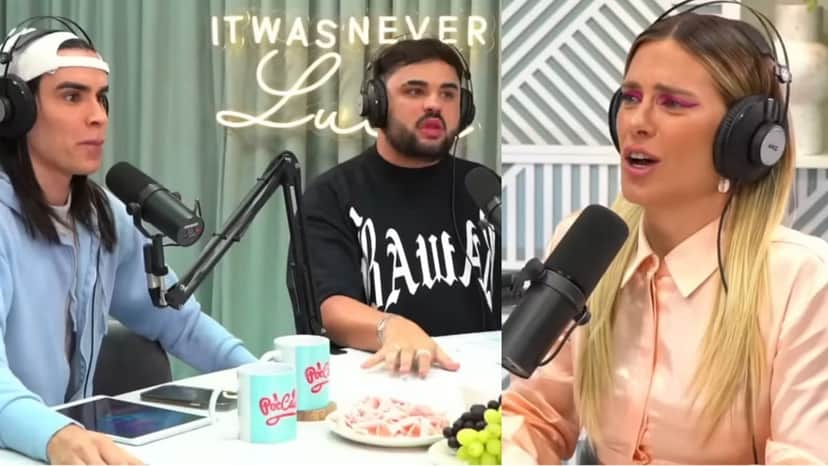 Rafa Uccman e Lucas Guedez do "PocCast" de boca aberta com o sinal recebido por Carolina Dieckmann (Reprodução/ YouTube) Rafa Uccman e Lucas Guedez do "PocCast" de boca aberta com o sinal recebido por Carolina Dieckmann (Reprodução/ YouTube)