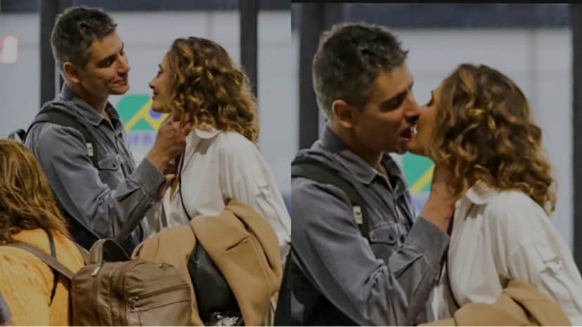Camila Pitanga se encontra com o namorado Patrick Pessoa em aeroporto e acaba recebida com beijo apaixonado 