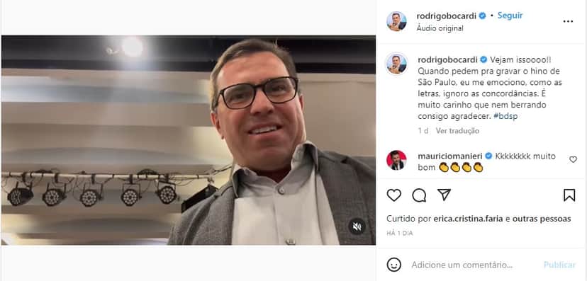 Publicação de Rodrigo Bocardi no Instagram - Foto: Reprodução Publicação de Rodrigo Bocardi no Instagram - Foto: Reprodução
