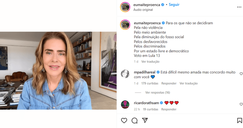 Maitê Proença faz campanha a favor do Lula também em suas redes sociais (Foto Reprodução/Instagram) Maitê Proença faz campanha a favor do Lula também em suas redes sociais (Foto Reprodução/Instagram)