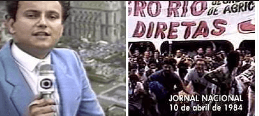 Ernesto Plaglia cobrindo as "Diretas Já" em 1984 (Foto Reprodução/Montagem/ Tv Foco)