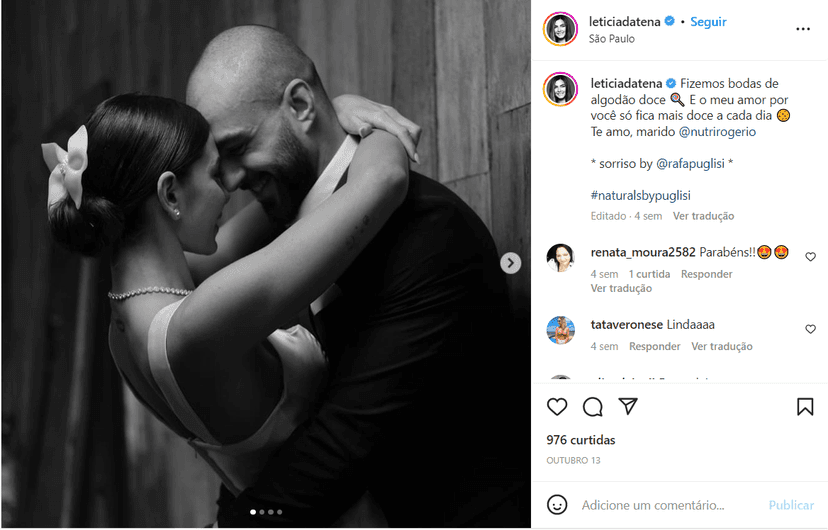Postagem que Letícia Wiermann fez para seu amado nas redes sociais (Foto Reprodução/Instagram)