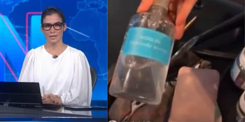 Renata Vasconcellos guarda maquiagem e água na bancada do JN (Reprodução: Montagem TV Foco) Renata Vasconcellos guarda maquiagem e água na bancada do JN (Reprodução: Montagem TV Foco)