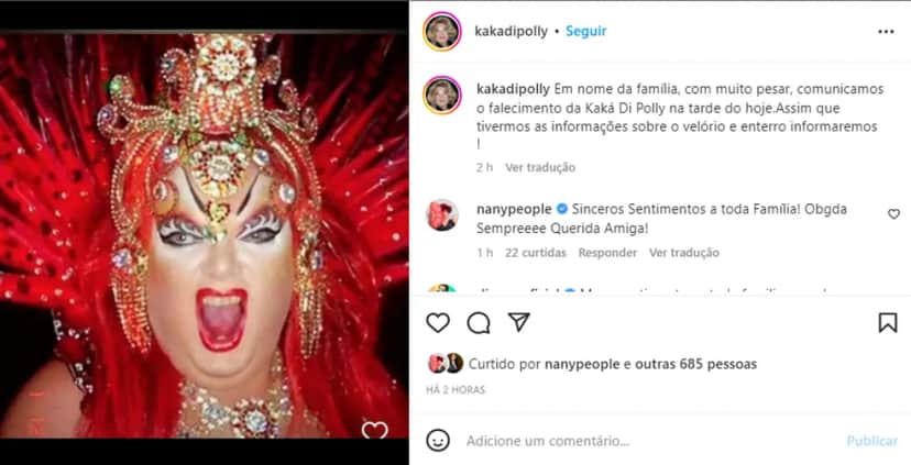 Publicação comunicando a morte da drag queen (Imagem: Reprodução) Publicação comunicando a morte da drag queen (Imagem: Reprodução)