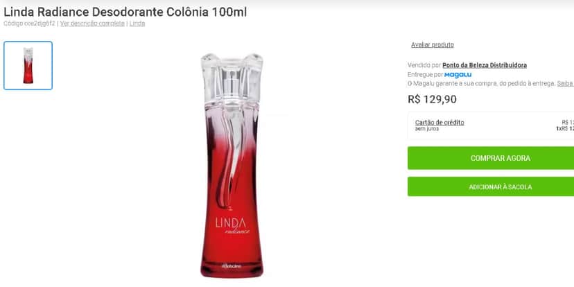 Linda Radiance do Boticário (Reprodução - Magalu) Linda Radiance do Boticário (Reprodução - Magalu)