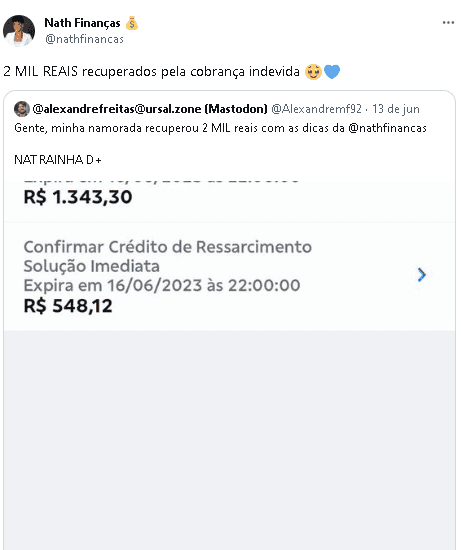 Nath Finanças ensinou como pedir reembolso dos bancos (Foto: Reprodução/ Twitter) Nath Finanças ensinou como pedir reembolso dos bancos (Foto: Reprodução/ Twitter)