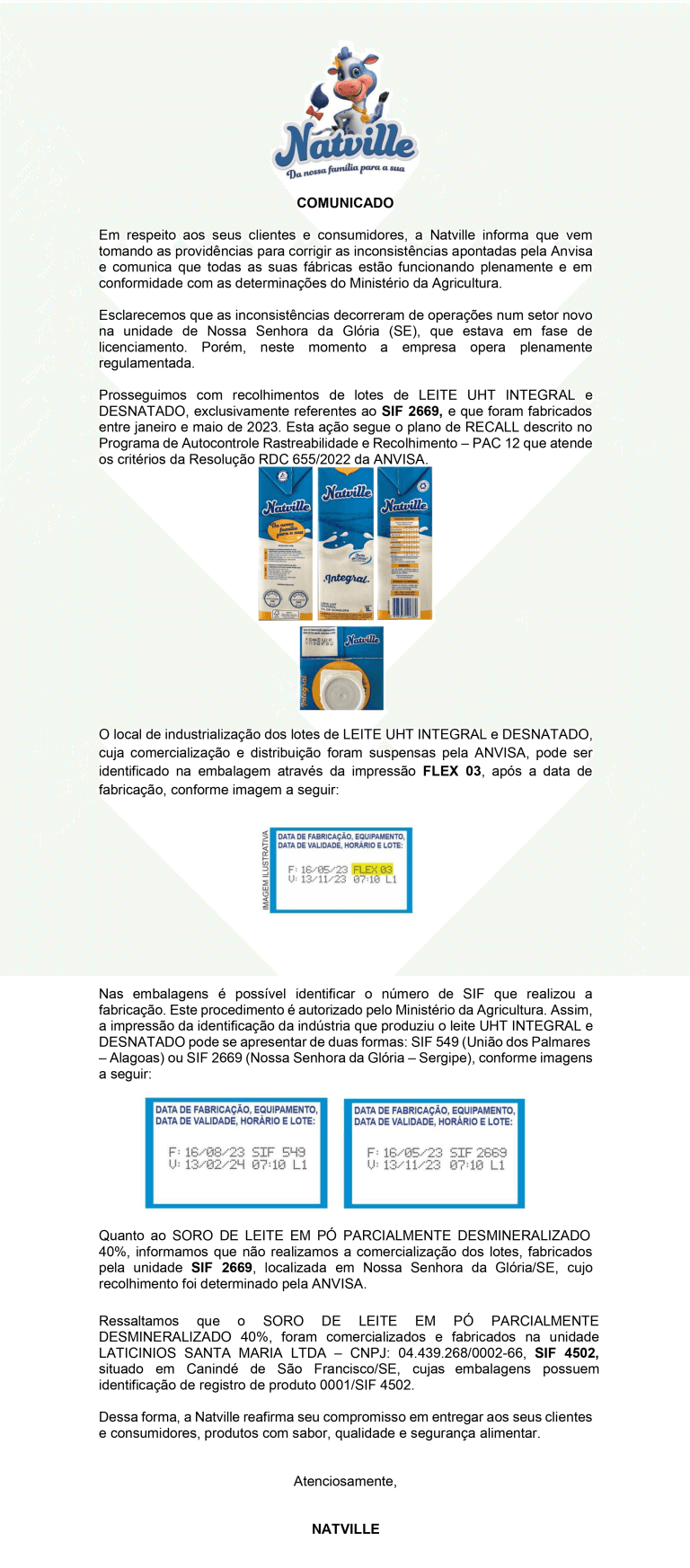 Nota da Natville (Reprodução - Site oficial) Nota da Natville (Reprodução - Site oficial)