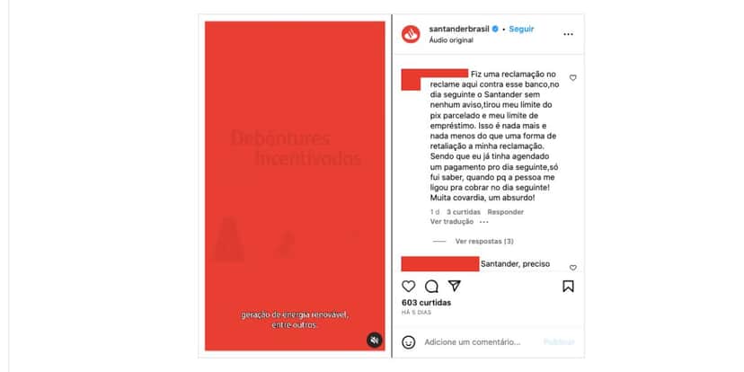 Reclamações sobre o Banco Santander (Foto: Reprodução / Instagram) Reclamações sobre o Banco Santander (Foto: Reprodução / Instagram)