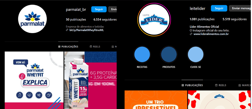 Parmalat e Líder nas redes sociais (Foto Reprodução/Instagram) Parmalat e Líder nas redes sociais (Foto Reprodução/Instagram)
