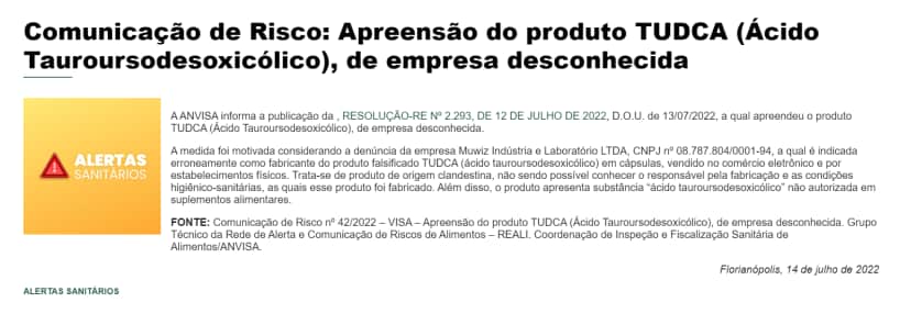 Comunicado da ANVISA sobre a TUDCA - Foto: Reprodução/Internet Comunicado da ANVISA sobre a TUDCA - Foto: Reprodução/Internet