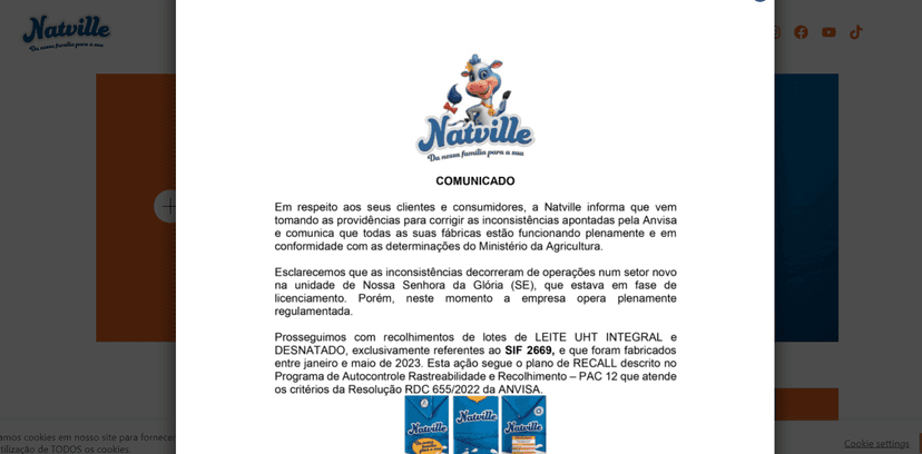 Comunicado da Natville oficial sobre o ocorrido (Foto Reprodução/Natville) Comunicado da Natville oficial sobre o ocorrido (Foto Reprodução/Natville)