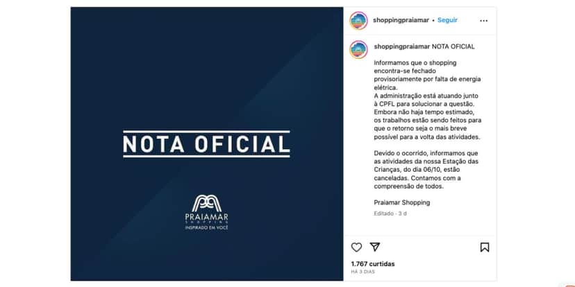 Nota oficial do Praiamar Shopping (Foto: Reprodução / Instagram) 