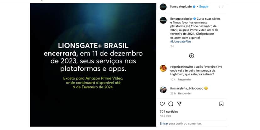 Comunicado Lionsgate+ (Foto: Reprodução / Instagram) Comunicado Lionsgate+ (Foto: Reprodução / Instagram)