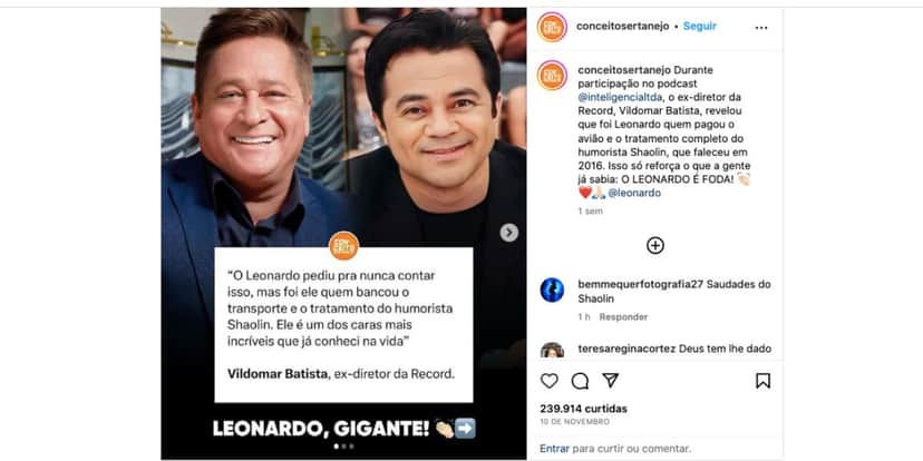 Diretor expõe Leonardo (Foto: Reprodução / Instagram) 