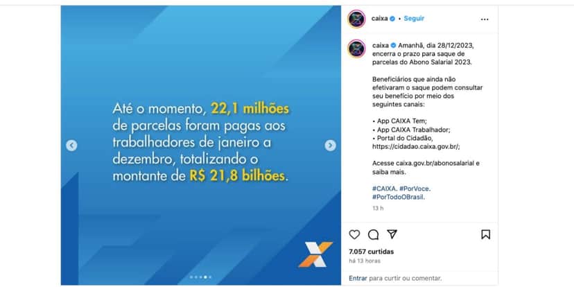 Comunicado da Caixa Econômica Federal (Foto: Reprodução / Instagram) Comunicado da Caixa Econômica Federal (Foto: Reprodução / Instagram)