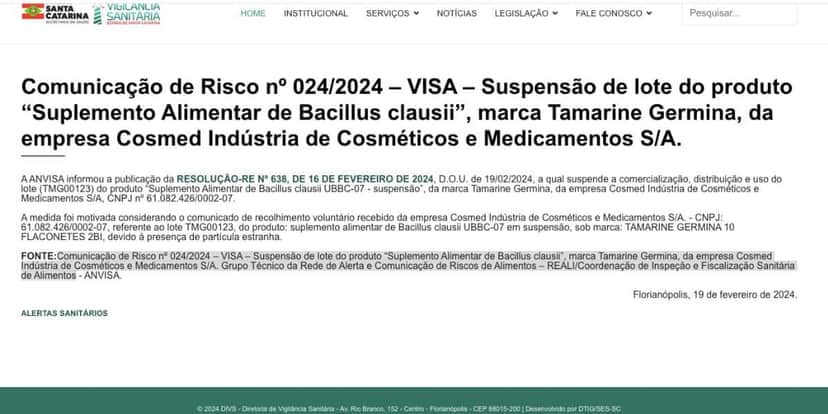 Nota da Anvisa (Foto: Reprodução / site oficial) Nota da Anvisa (Foto: Reprodução / site oficial)
