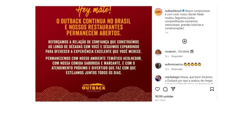 Comunicado Outback (Foto: Reprodução / Instagram) Comunicado Outback (Foto: Reprodução / Instagram)