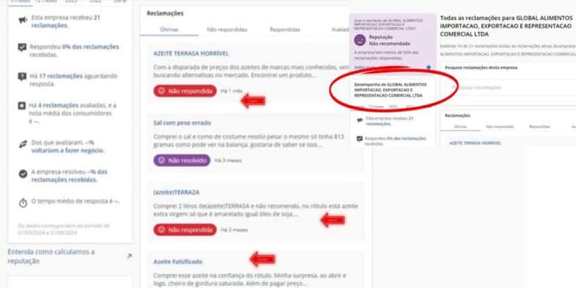 Denúncias contra o Azeite Terrasa no Reclame Aqui (Foto Reprodução/Montagem/Lennita/TV Foco/Reclame Aqui) Denúncias contra o Azeite Terrasa no Reclame Aqui (Foto Reprodução/Montagem/Lennita/TV Foco/Reclame Aqui)