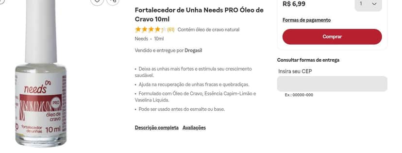 Fortalecedor de Unha Needs PRO Óleo de Cravo 10ml (Foto Reprodução/Drogasil) Fortalecedor de Unha Needs PRO Óleo de Cravo 10ml (Foto Reprodução/Drogasil)