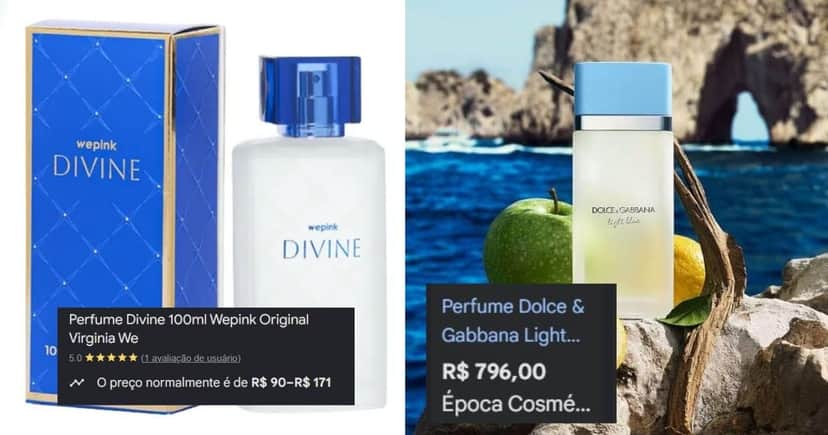 Divine (Wepink)/Light Blue, Dolce & Gabbana (Foto Reprodução/Montagem/TV Foco/Canva/Lennita/Google Shopping) Divine (Wepink)/Light Blue, Dolce & Gabbana (Foto Reprodução/Montagem/TV Foco/Canva/Lennita/Google Shopping)