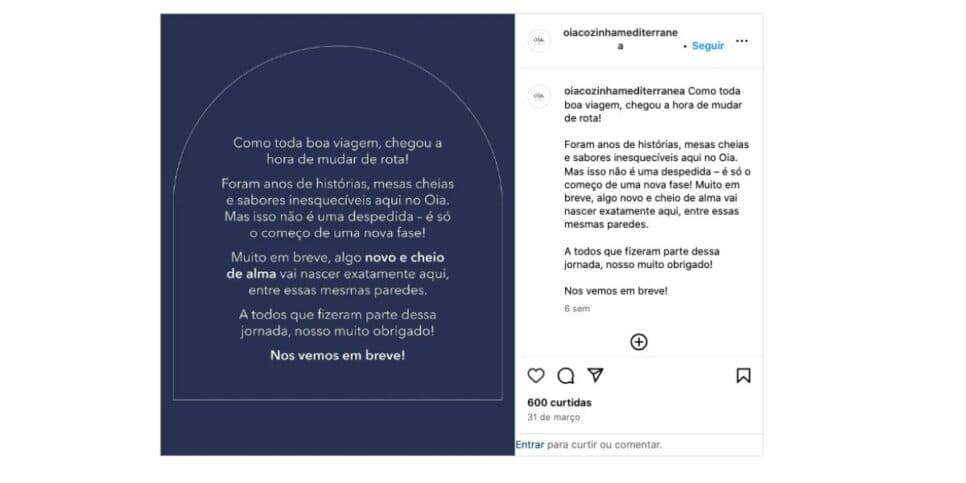 Comunicado Oia Cozinha Mediterrânea (Foto: Reprodução / Instagram)