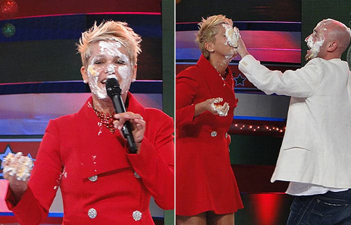 Nos bastidores da Record, Xuxa joga bolo na cara de funcionário