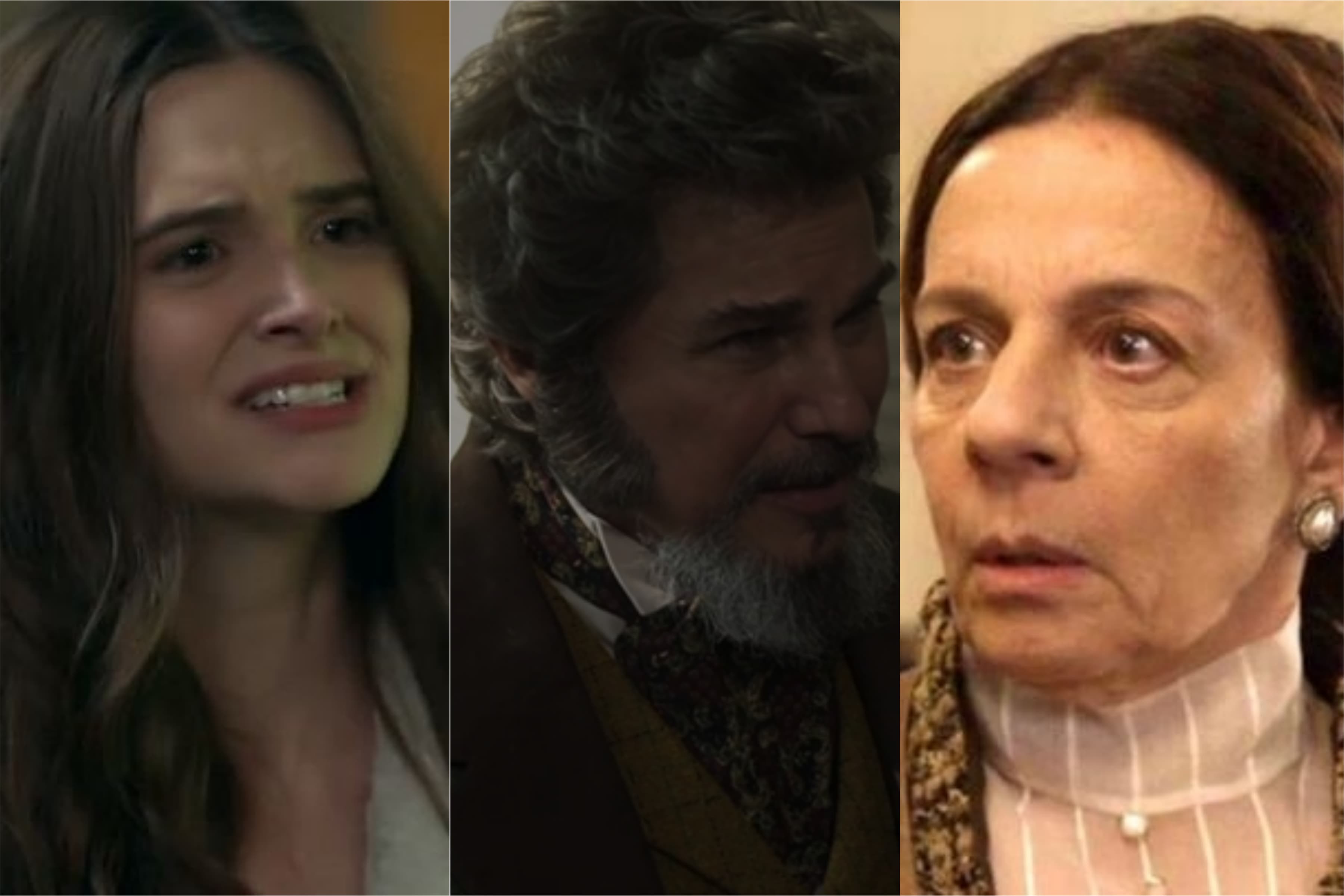 Marocas (Juliana Paiva), Sabino (Edson Celulari) e Agustina (Rosi Campos) em O Tempo Não Para (Foto: Reprodução / Montagem: TV FOCO Marocas (Juliana Paiva), Sabino (Edson Celulari) e Agustina (Rosi Campos) em O Tempo Não Para (Foto: Reprodução / Montagem: TV FOCO